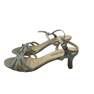 Sparkly Badgley Mischka Silver Strappy Kitten Heel Sandals Dress Shoes American